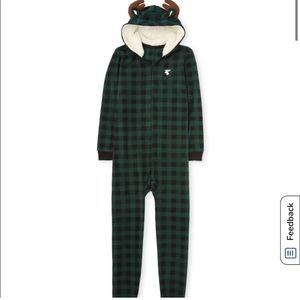 Children’s Place green black Buffalo check moose one piece pJ adult unisex XS
